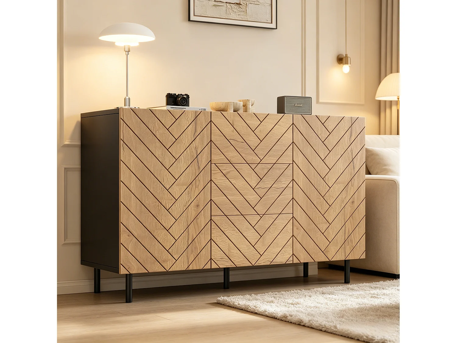 Modern sideboard 120x40x76 cm - 3 drawers and 2 doors - particle boards - natural color