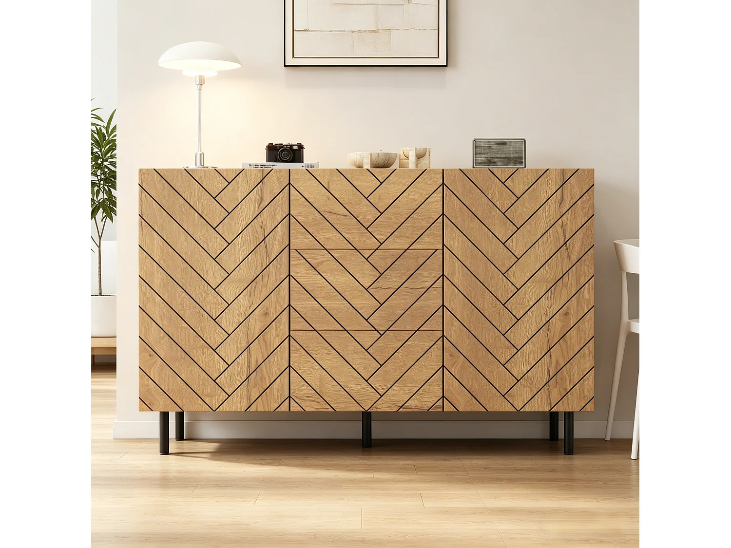 Modern sideboard 120x40x76 cm - 3 drawers and 2 doors - particle boards - natural color