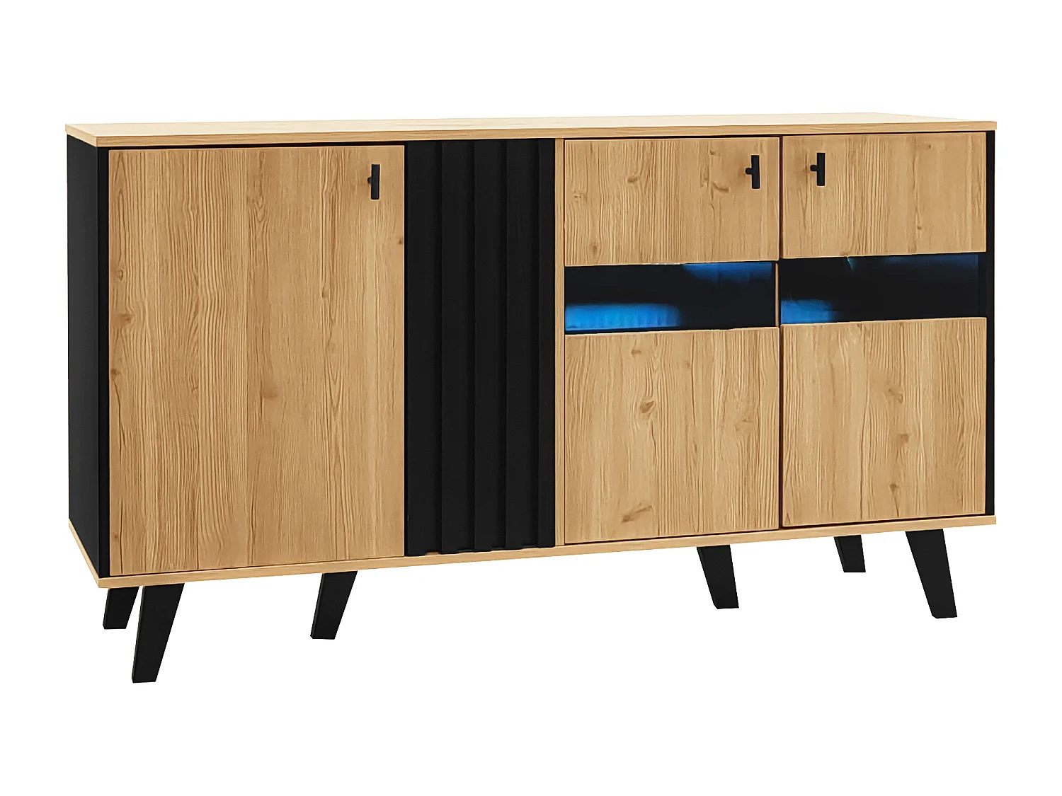 Low sideboard with LED lighting - 3 doors and 6 compartments - Natural & Black