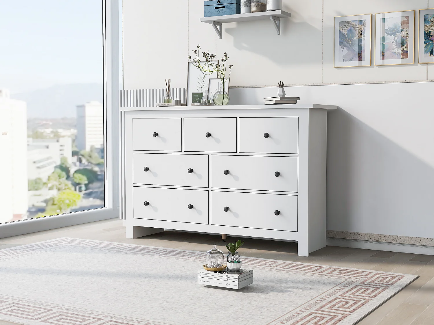 Sideboard with 7 drawers - particleboard - white
