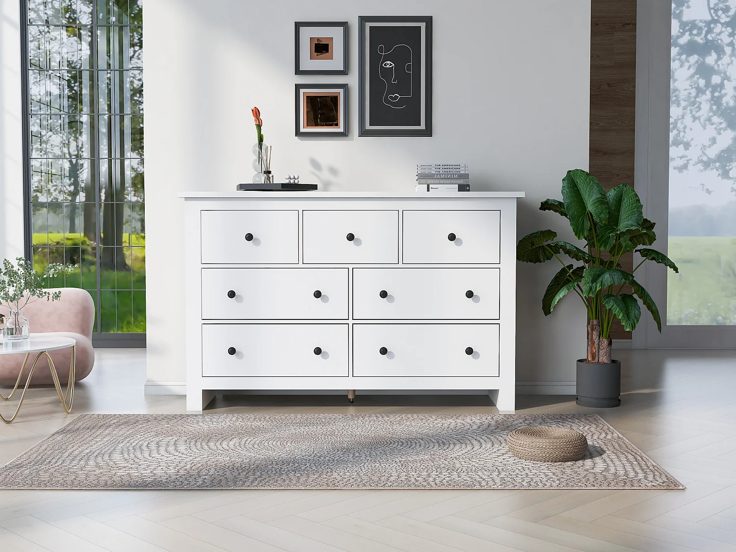 Sideboard with 7 drawers - particleboard - white