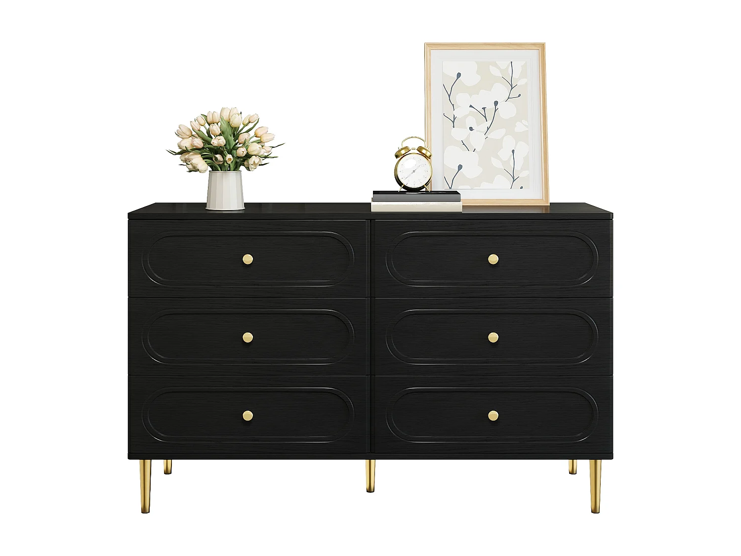 Aparador moderno 120x40x75 cm - con 6 cajones - patas de metal - MDF + tableros de partículas - negro