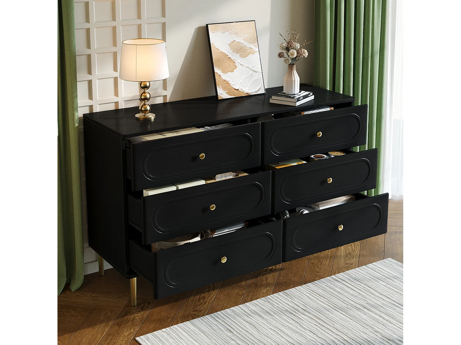 Aparador moderno 120x40x75 cm - con 6 cajones - patas de metal - MDF + tableros de partículas - negro