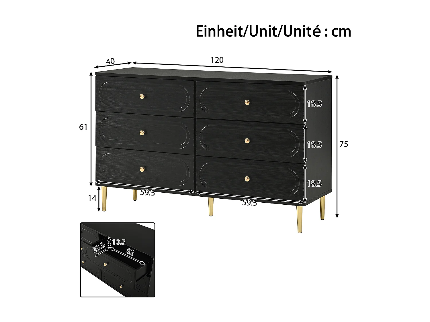 Aparador moderno 120x40x75 cm - con 6 cajones - patas de metal - MDF + tableros de partículas - negro
