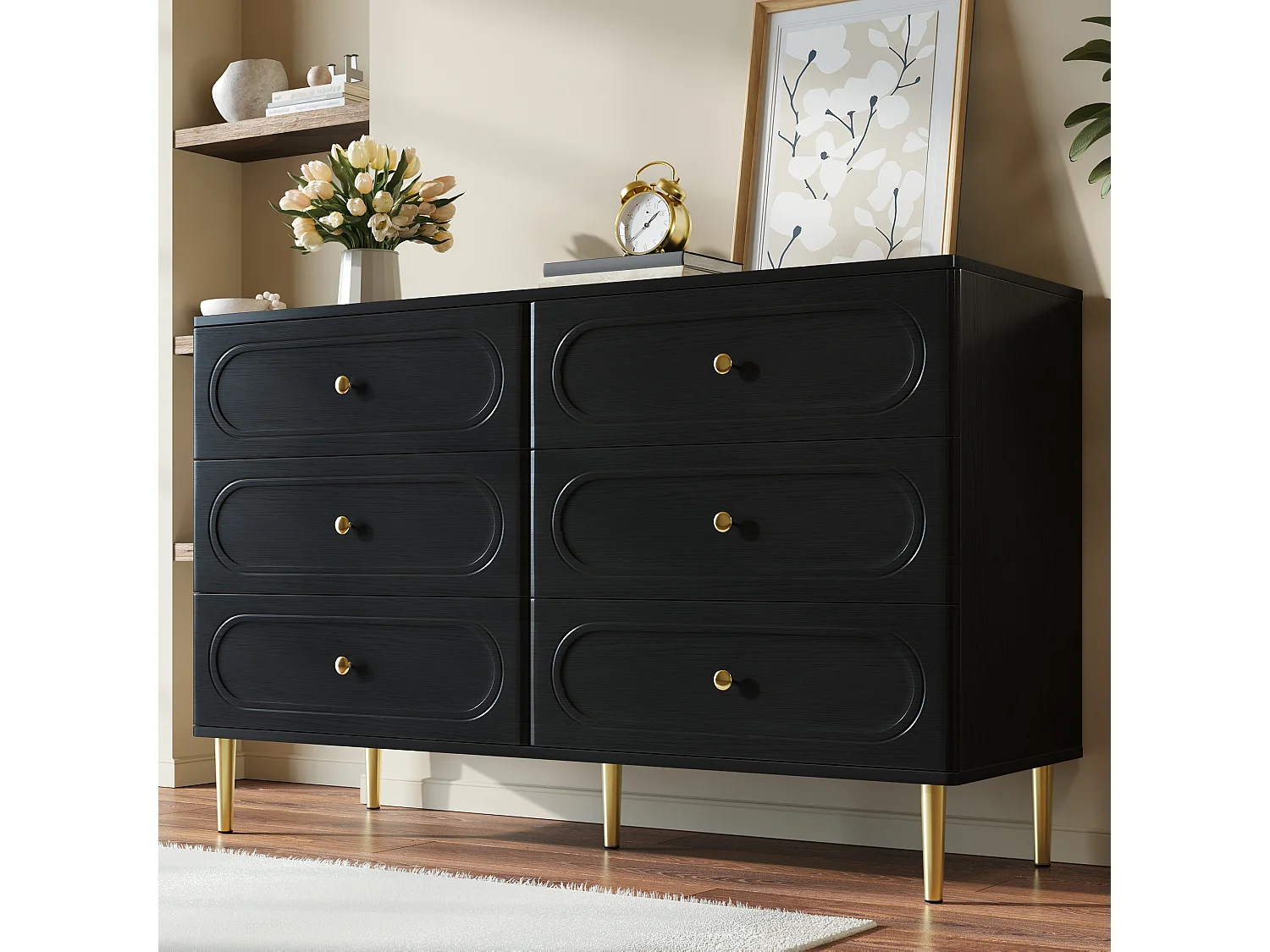 Aparador moderno 120x40x75 cm - con 6 cajones - patas de metal - MDF + tableros de partículas - negro