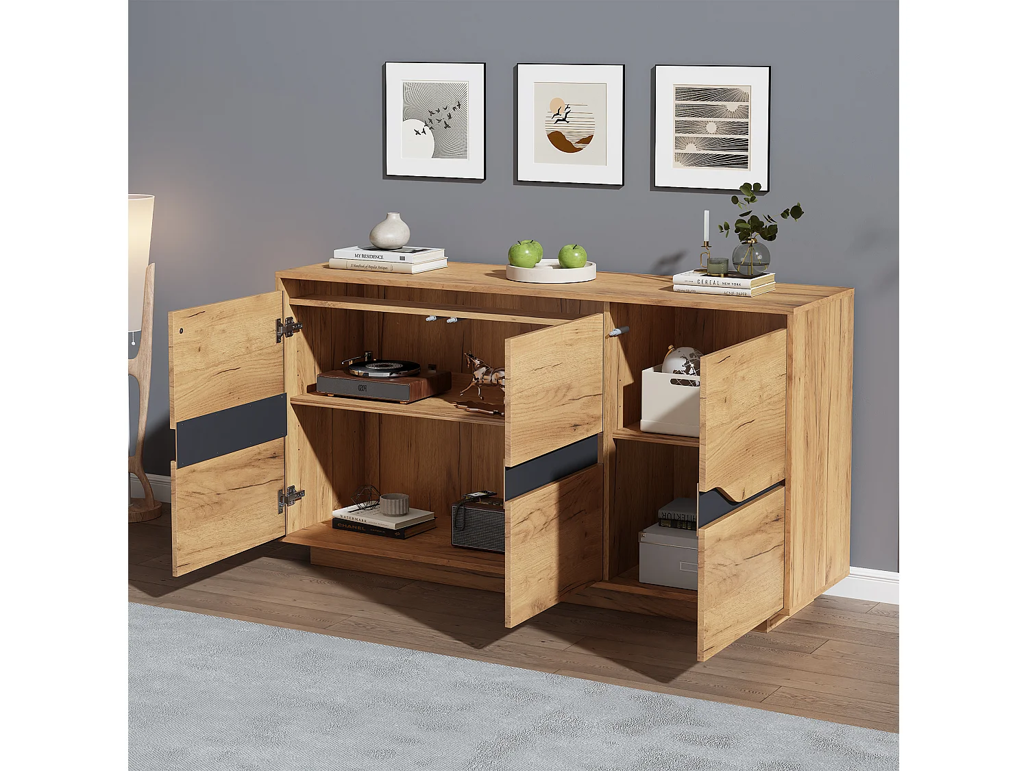 Glossy sideboard 140x40x76cm - 3 doors - with adjustable shelves - particleboard - natural