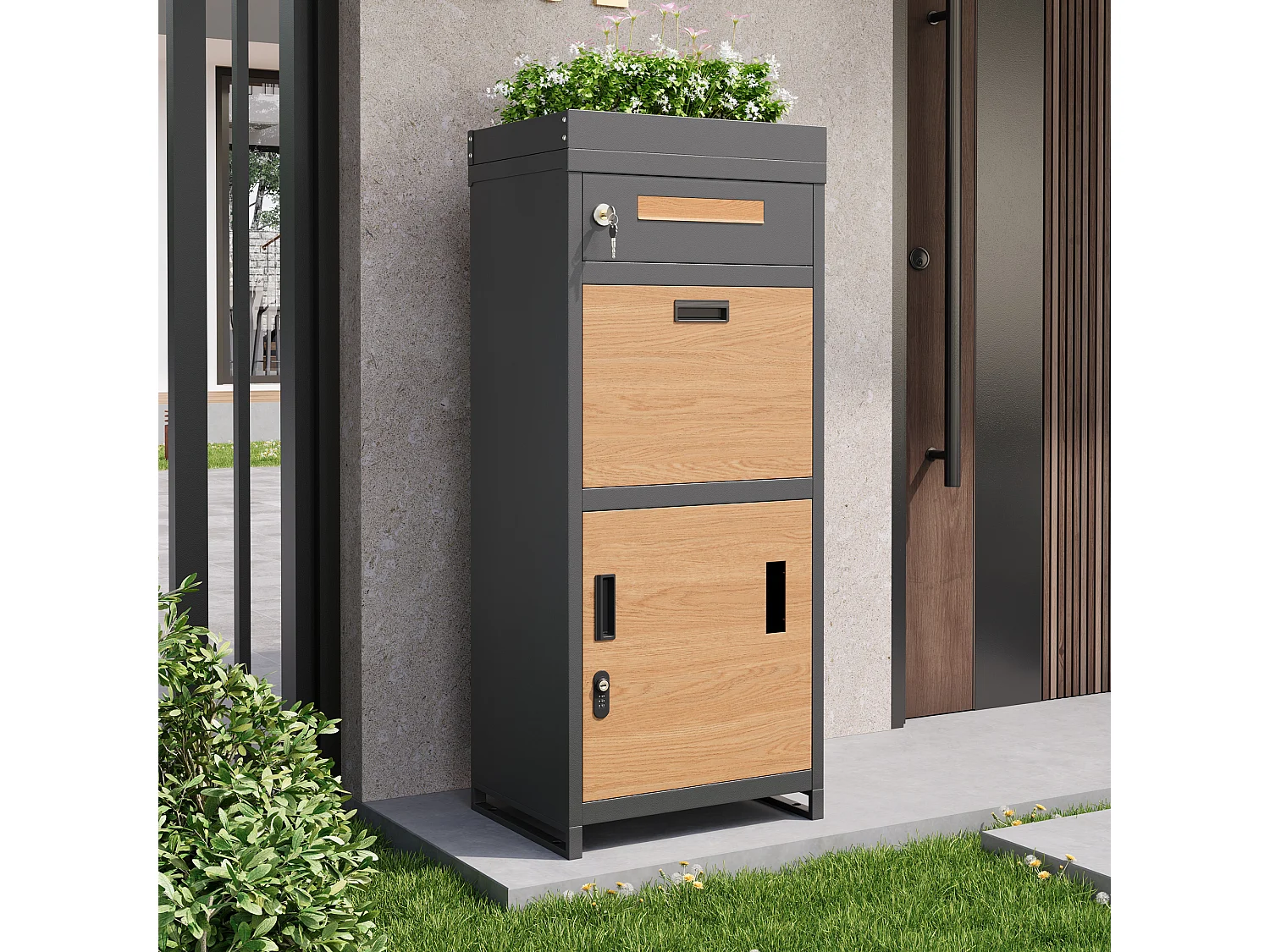 Freestanding mailbox and parcel box with integrated planter - Galvanized steel with wood-look finish - Secure with lock - Anthracite Grey