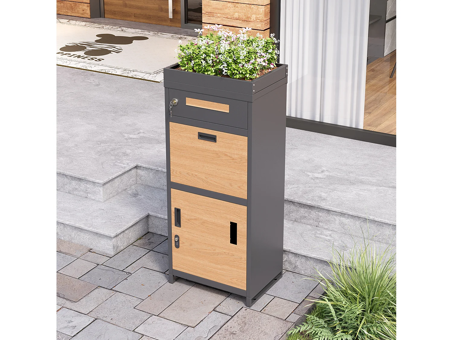 Freestanding mailbox and parcel box with integrated planter - Galvanized steel with wood-look finish - Secure with lock - Anthracite Grey