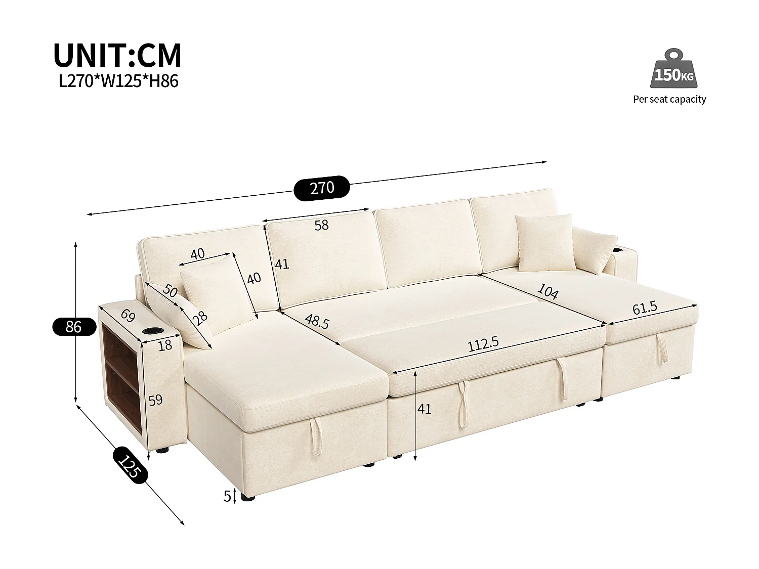 4-sits bäddsoffa i U-form - med mugghållare - med sidohylla - utrustad med USB/Type-C-interface - Chenille - beige