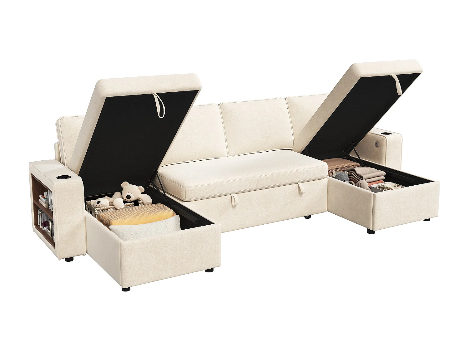 4-sits bäddsoffa i U-form - med mugghållare - med sidohylla - utrustad med USB/Type-C-interface - Chenille - beige