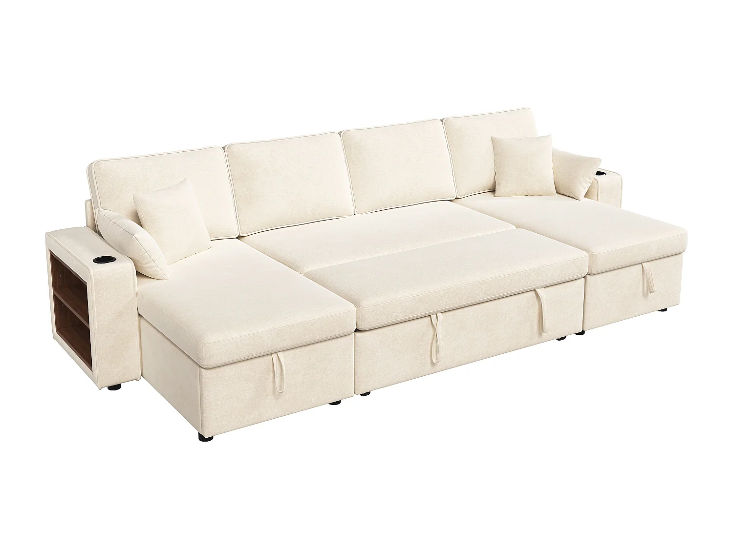 4-sits bäddsoffa i U-form - med mugghållare - med sidohylla - utrustad med USB/Type-C-interface - Chenille - beige
