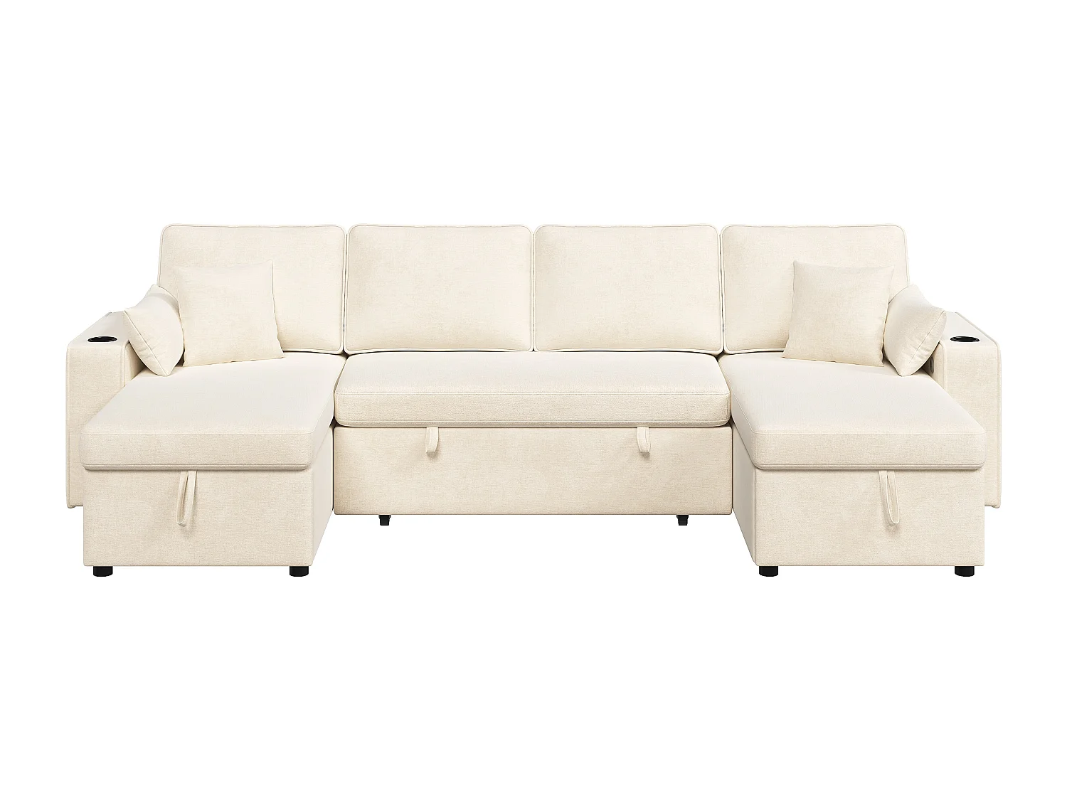 4-sits bäddsoffa i U-form - med mugghållare - med sidohylla - utrustad med USB/Type-C-interface - Chenille - beige