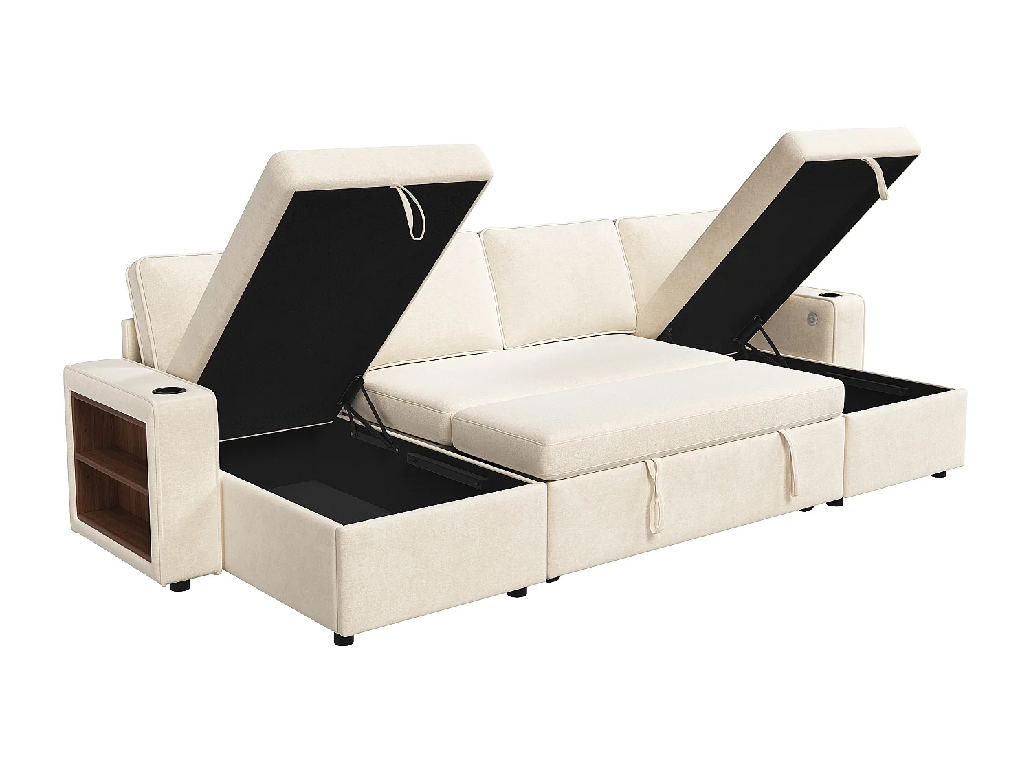 4-sits bäddsoffa i U-form - med mugghållare - med sidohylla - utrustad med USB/Type-C-interface - Chenille - beige