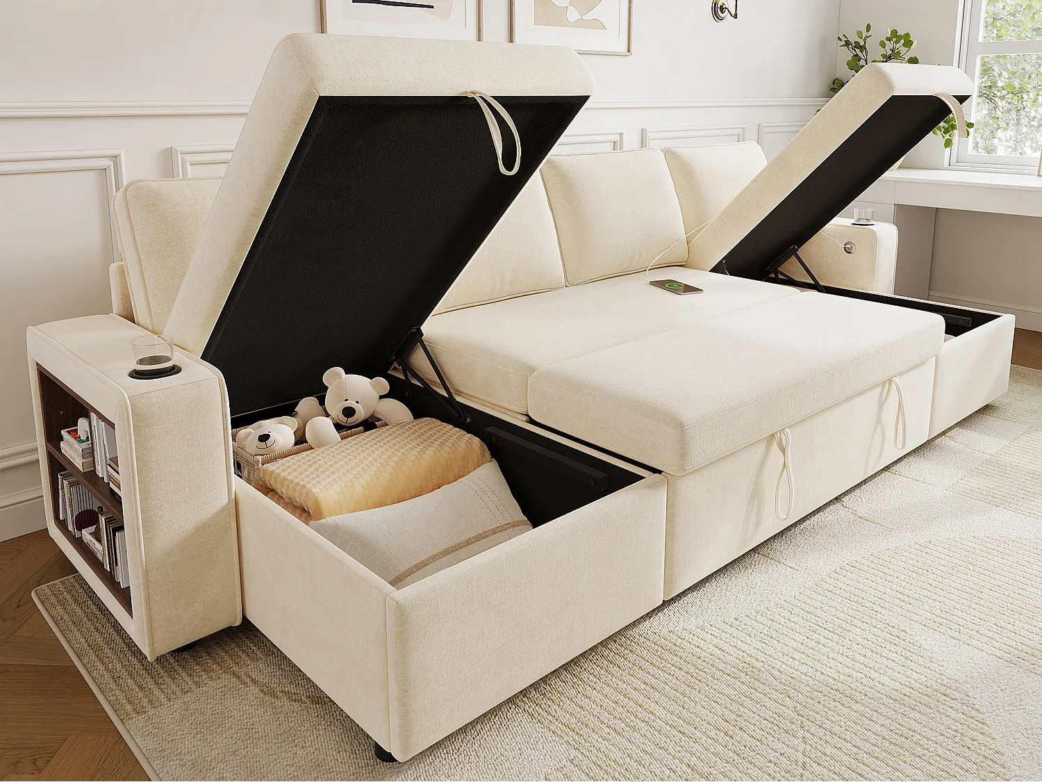 4-sits bäddsoffa i U-form - med mugghållare - med sidohylla - utrustad med USB/Type-C-interface - Chenille - beige