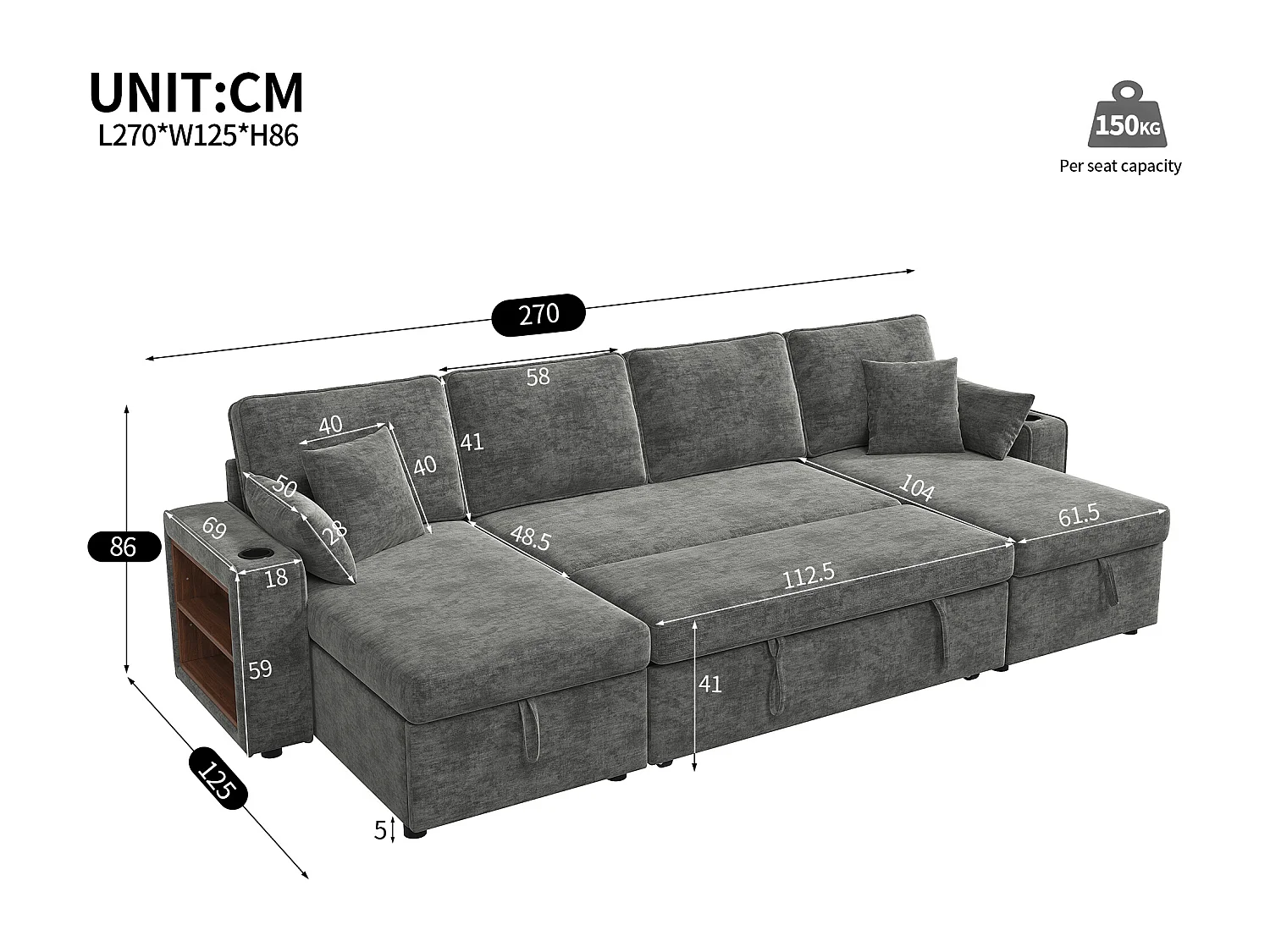 4-sits bäddsoffa i U-form - med mugghållare - med sidohylla - utrustad med USB/Type-C-interface - Chenille - grå