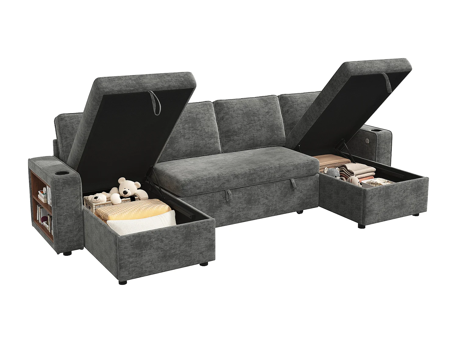 4-sits bäddsoffa i U-form - med mugghållare - med sidohylla - utrustad med USB/Type-C-interface - Chenille - grå