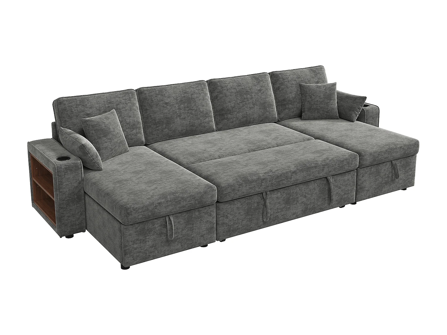 4-sits bäddsoffa i U-form - med mugghållare - med sidohylla - utrustad med USB/Type-C-interface - Chenille - grå