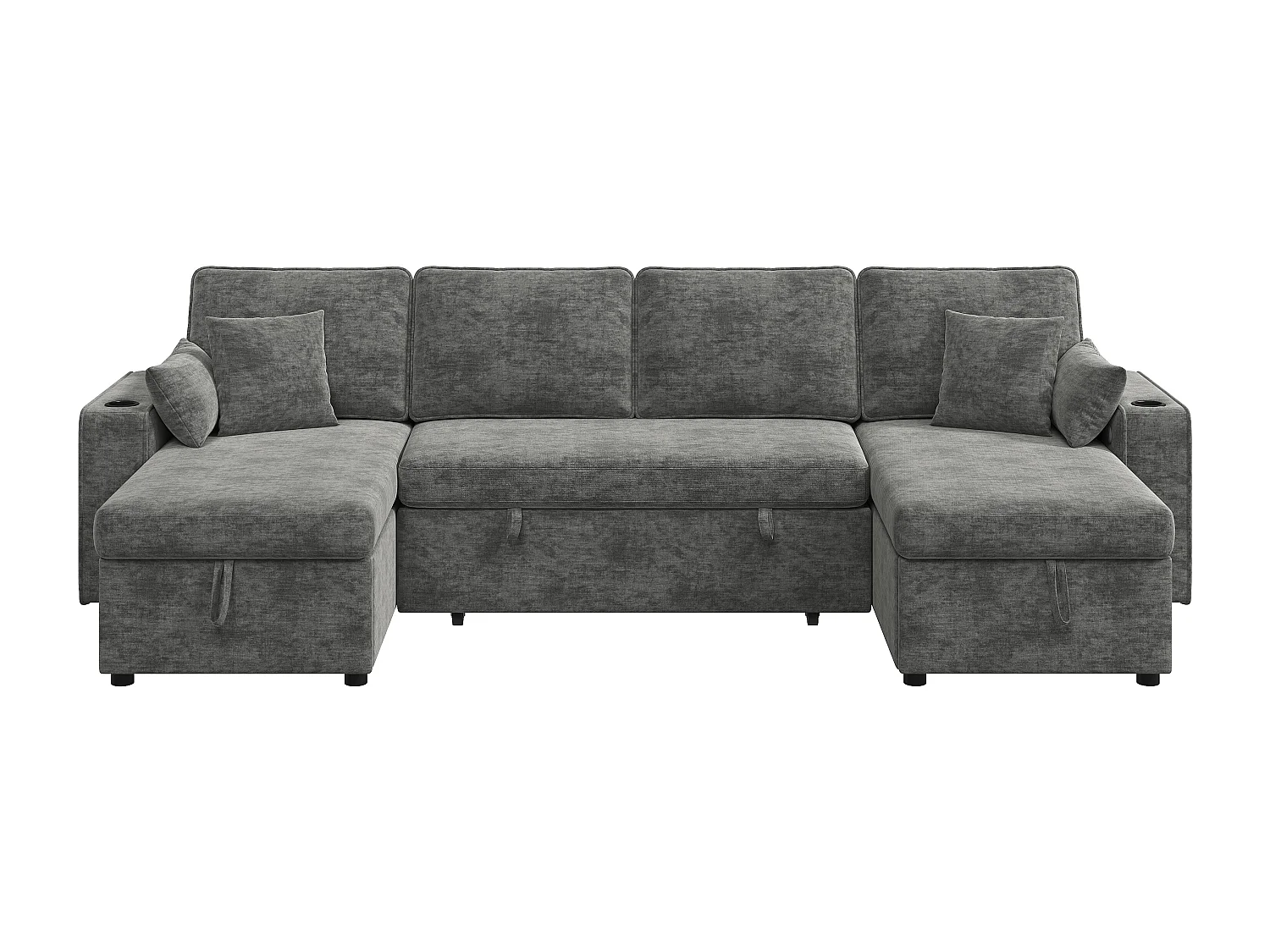 4-sits bäddsoffa i U-form - med mugghållare - med sidohylla - utrustad med USB/Type-C-interface - Chenille - grå