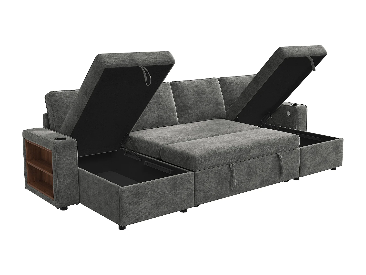 4-sits bäddsoffa i U-form - med mugghållare - med sidohylla - utrustad med USB/Type-C-interface - Chenille - grå