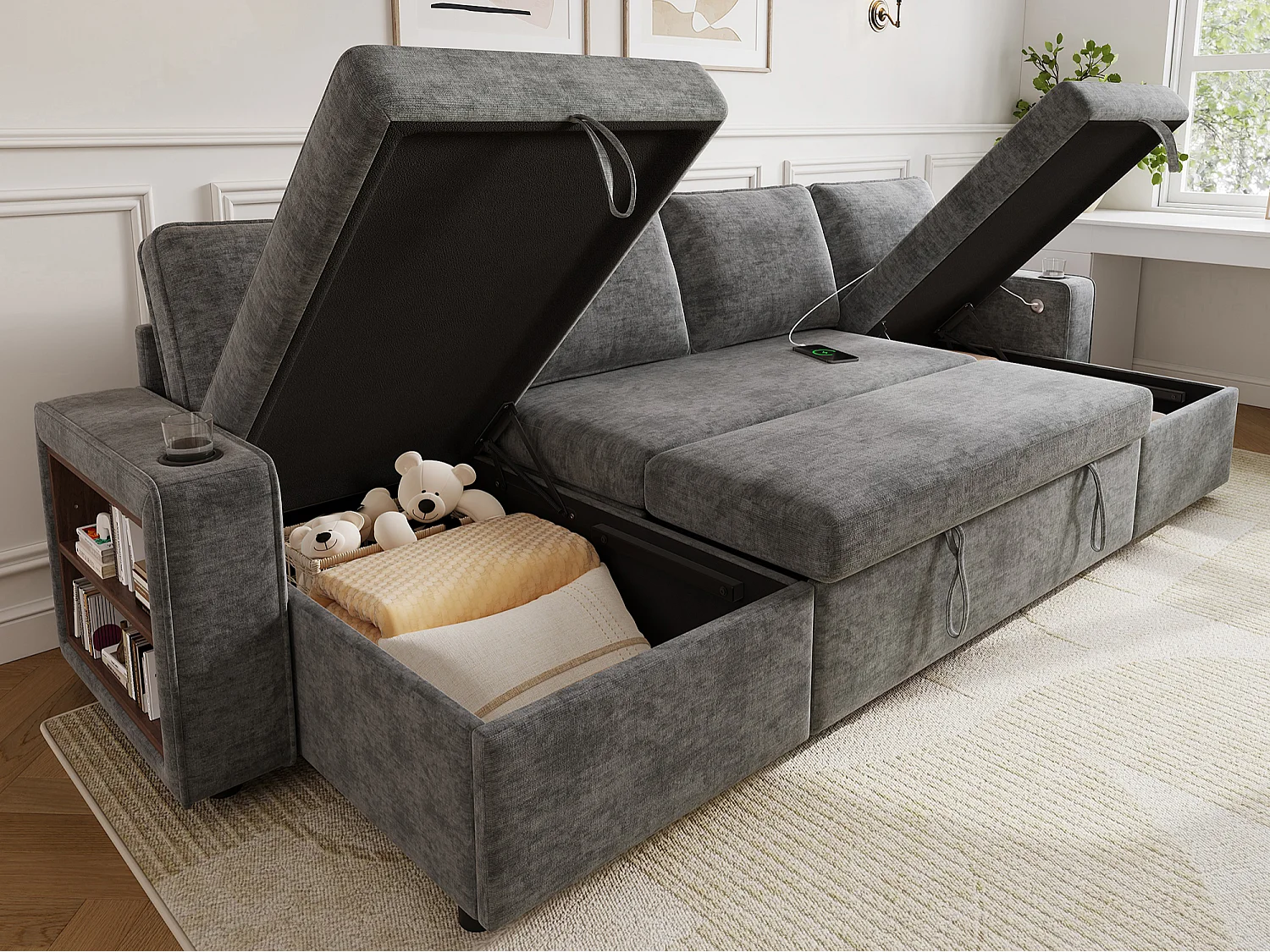 4-sits bäddsoffa i U-form - med mugghållare - med sidohylla - utrustad med USB/Type-C-interface - Chenille - grå
