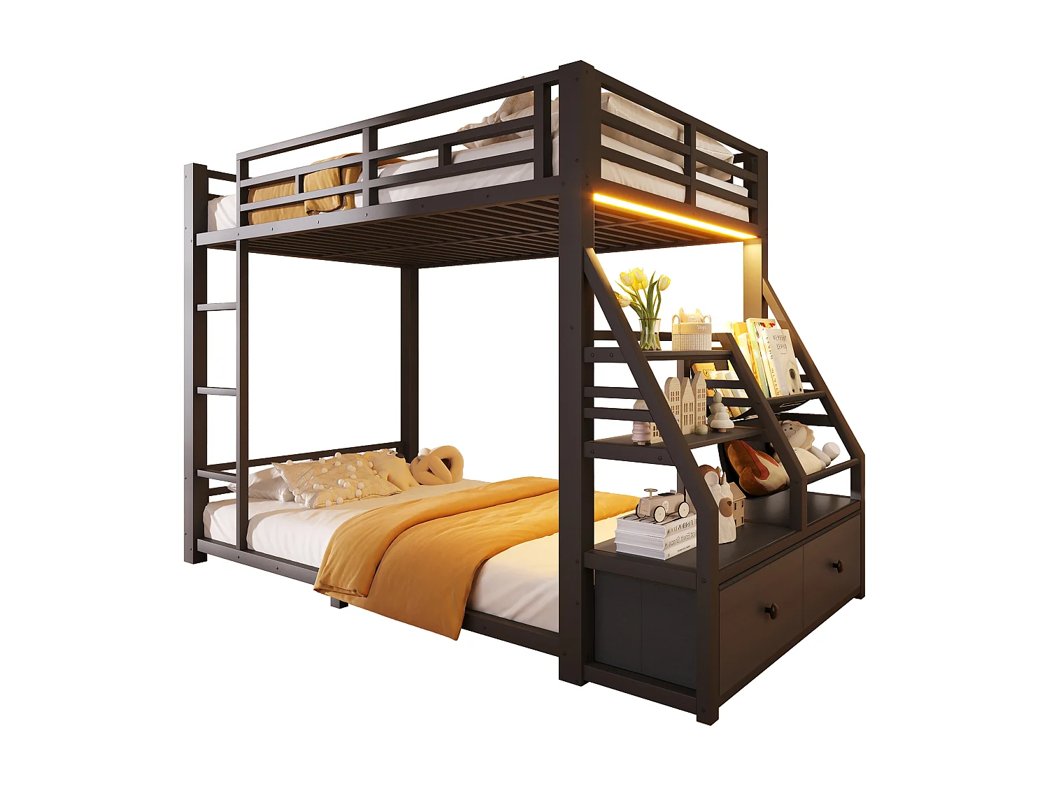 Metall-Etagenbett 90x200 cm - LED und 2 Stoffschubladen - Aufbewahrungsregale - Sicherheitsgeländer - Schwarz