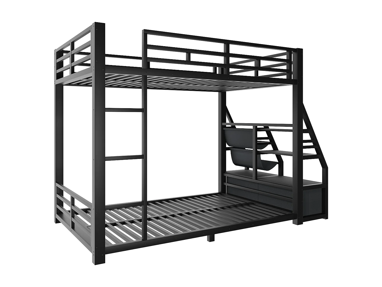 Metall-Etagenbett 90x200 cm - LED und 2 Stoffschubladen - Aufbewahrungsregale - Sicherheitsgeländer - Schwarz