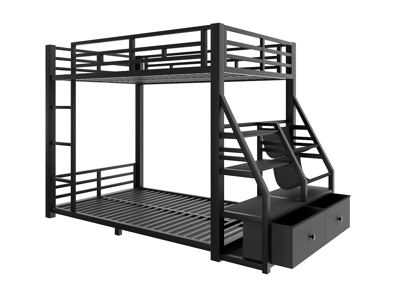 Metall-Etagenbett 90x200 cm - LED und 2 Stoffschubladen - Aufbewahrungsregale - Sicherheitsgeländer - Schwarz