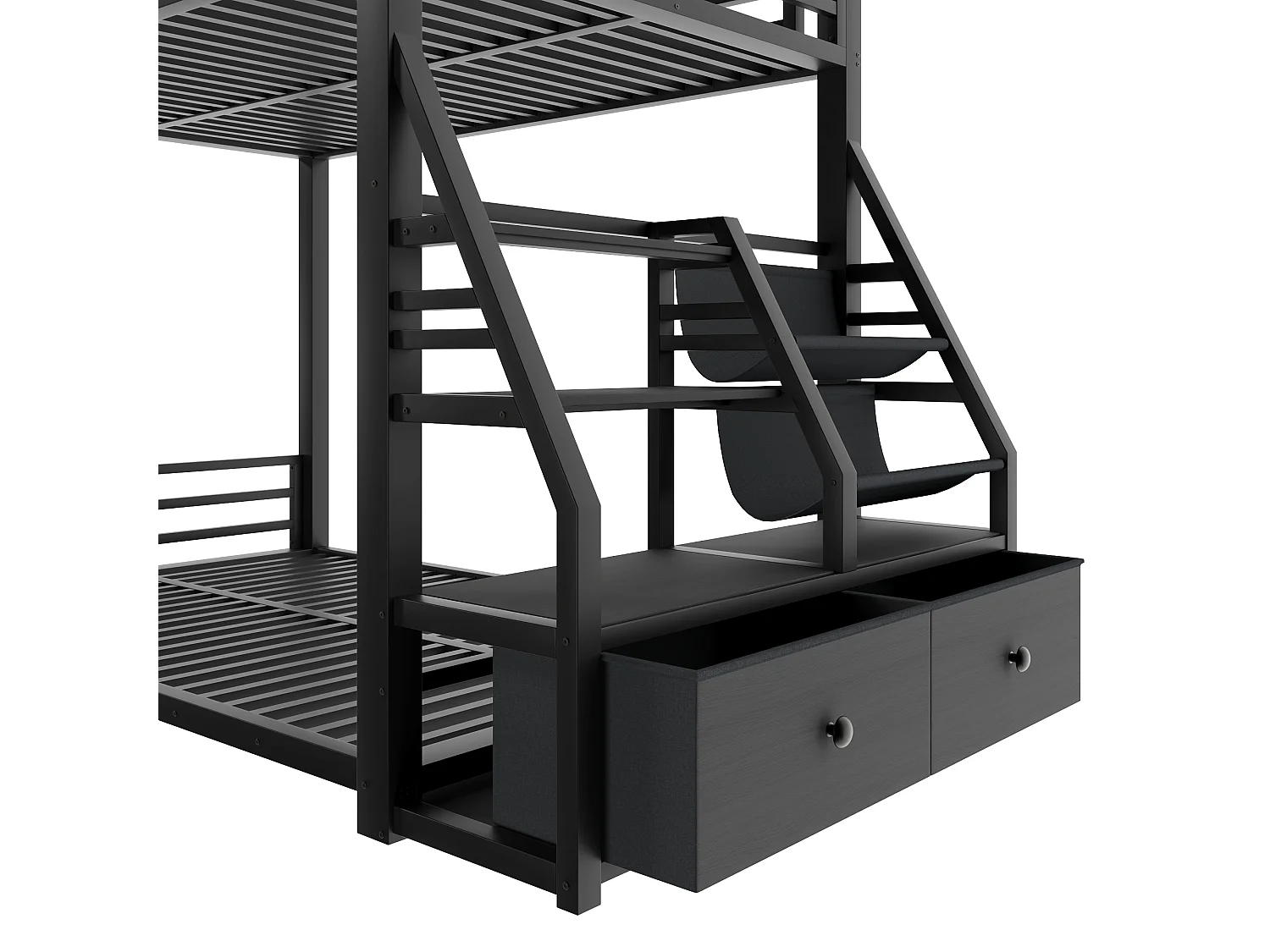 Metall-Etagenbett 90x200 cm - LED und 2 Stoffschubladen - Aufbewahrungsregale - Sicherheitsgeländer - Schwarz