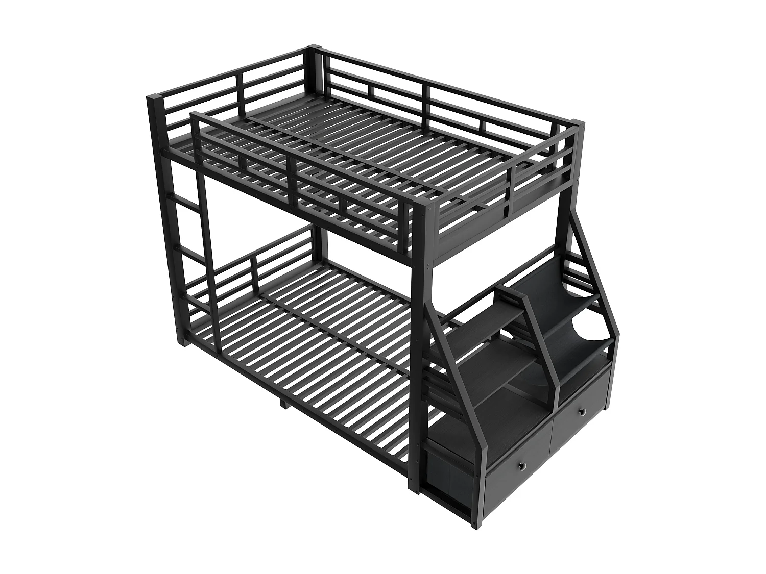 Metall-Etagenbett 90x200 cm - LED und 2 Stoffschubladen - Aufbewahrungsregale - Sicherheitsgeländer - Schwarz