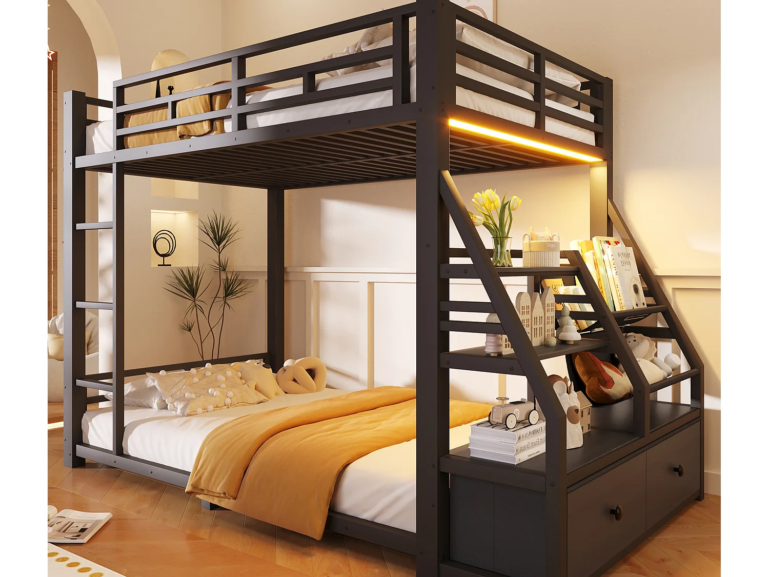 Metall-Etagenbett 90x200 cm - LED und 2 Stoffschubladen - Aufbewahrungsregale - Sicherheitsgeländer - Schwarz