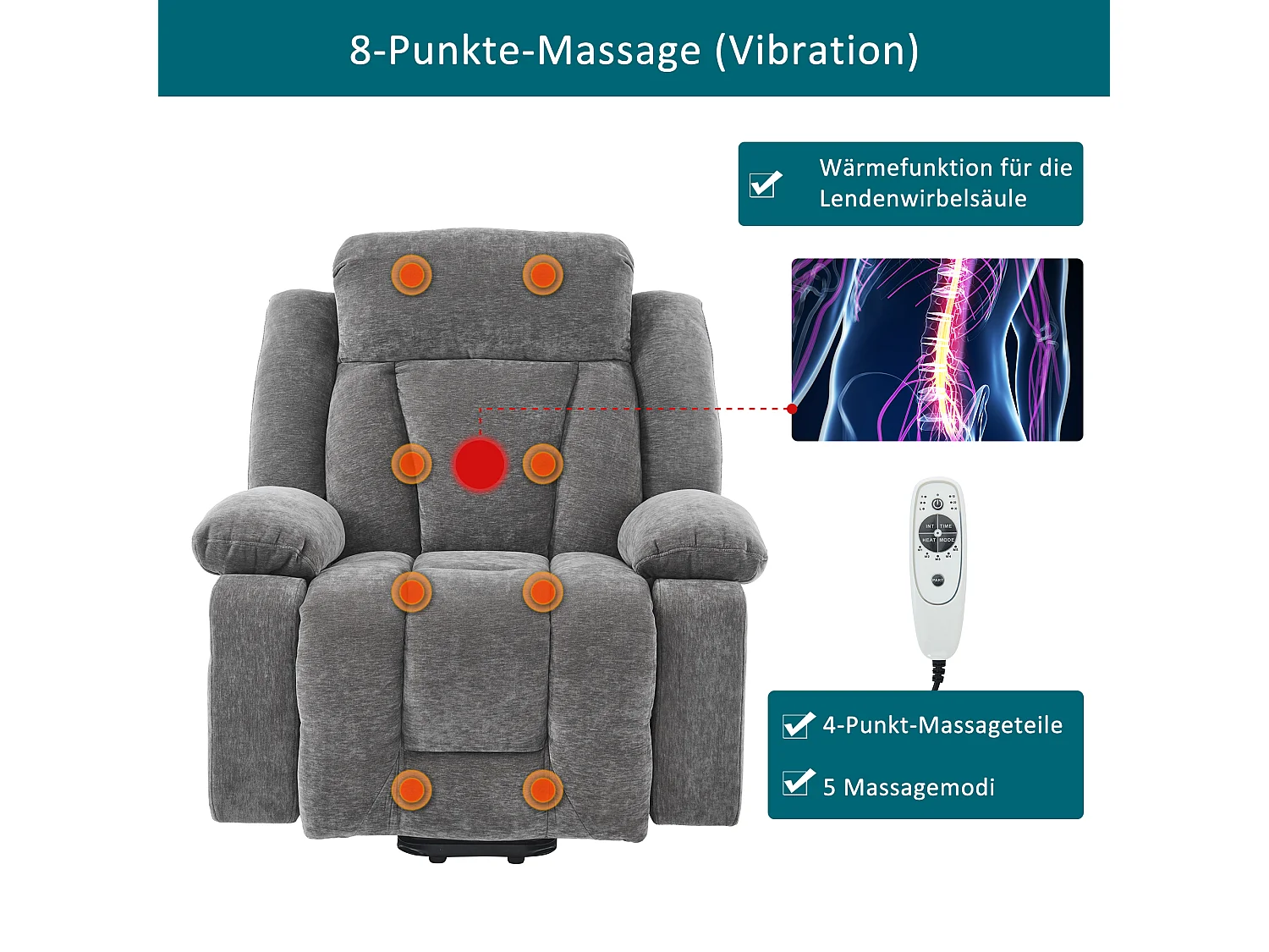 Adjustable electric massage chair 95x94x107cm - Massage and heating functions - Side pockets - Cup holders and USB ports - Brown