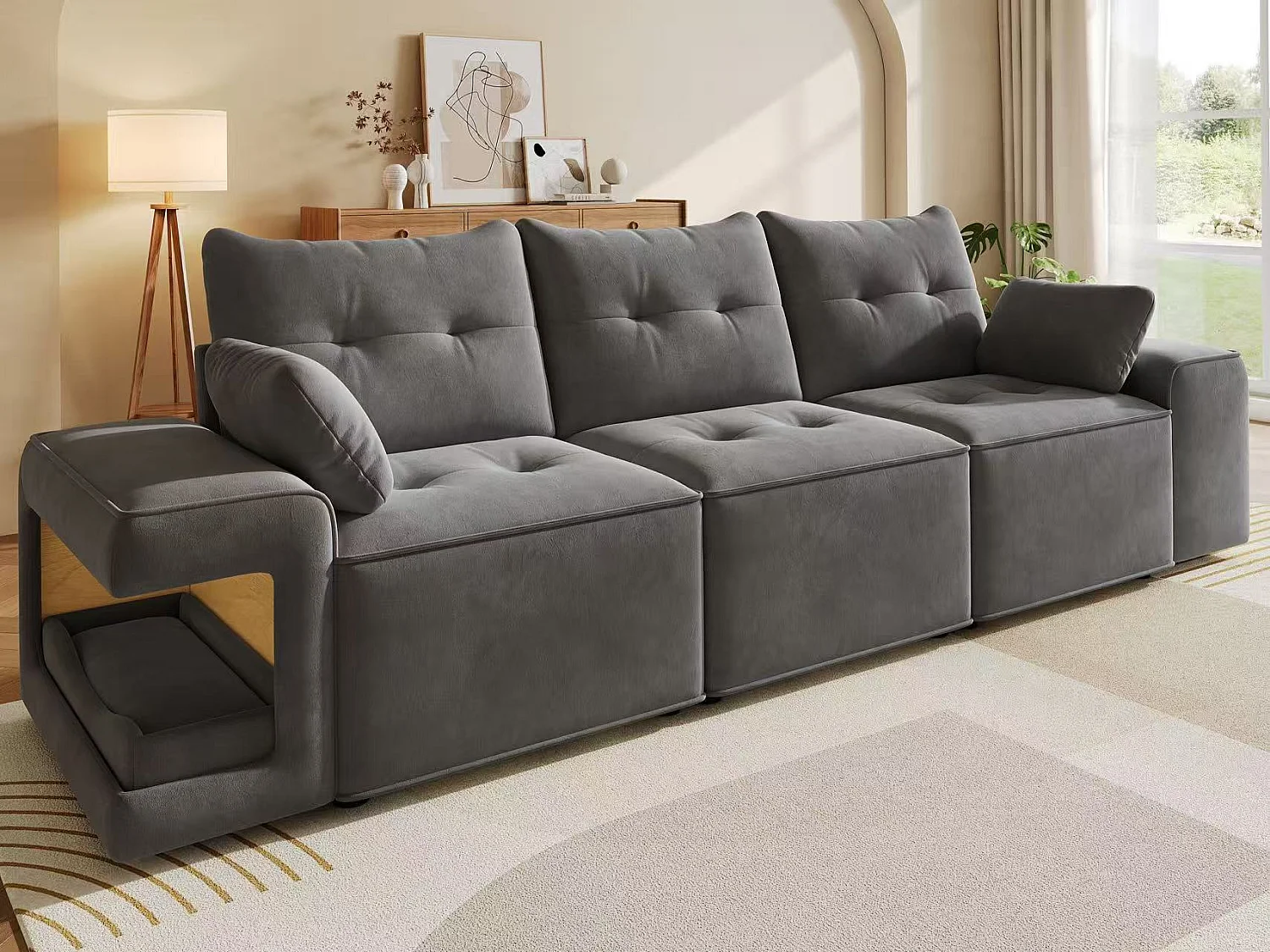 Canapé 3 places moderne - larges accoudoirs - espace de rangement intégré - livré avec deux coussins - Velours - gris