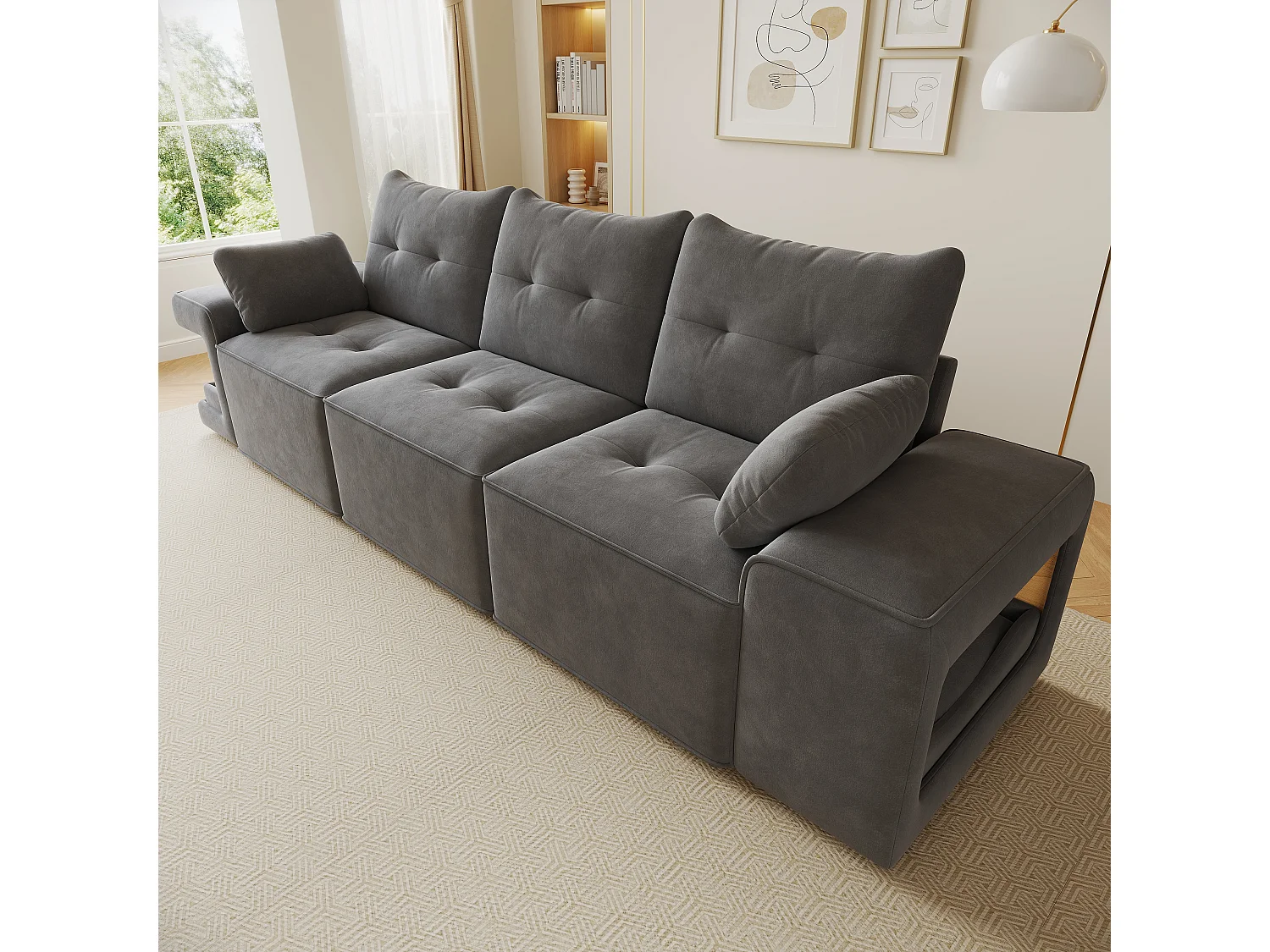 Canapé 3 places moderne - larges accoudoirs - espace de rangement intégré - livré avec deux coussins - Velours - gris