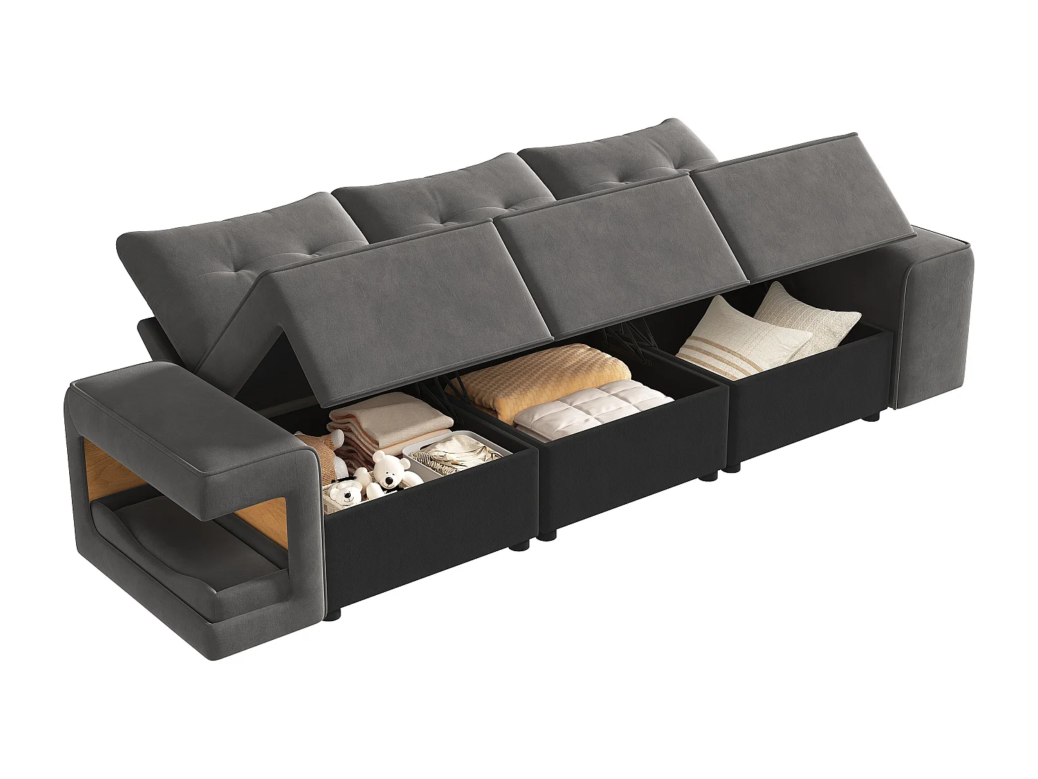 Canapé 3 places moderne - larges accoudoirs - espace de rangement intégré - livré avec deux coussins - Velours - gris