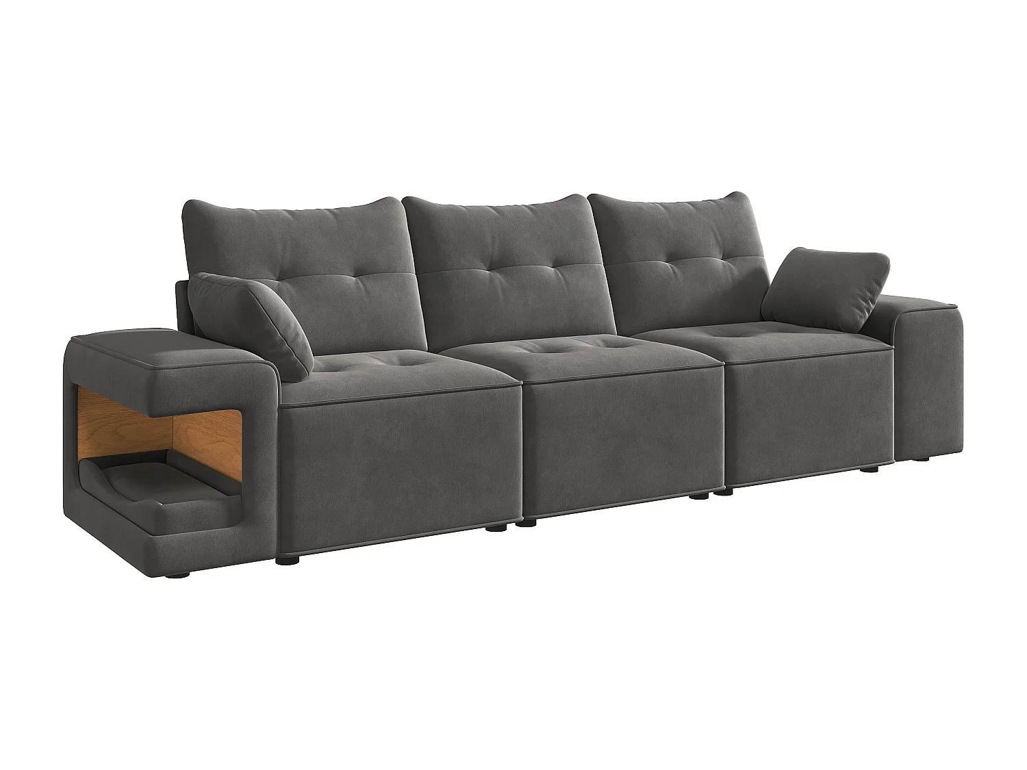 Canapé 3 places moderne - larges accoudoirs - espace de rangement intégré - livré avec deux coussins - Velours - gris