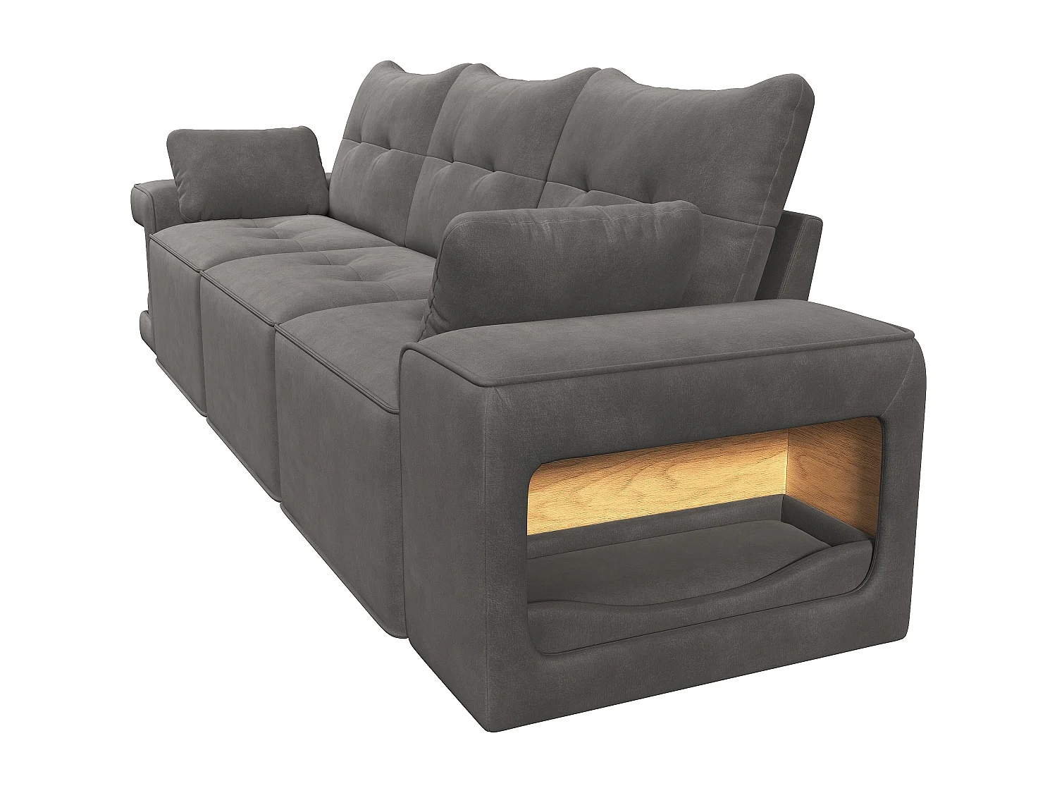 Canapé 3 places moderne - larges accoudoirs - espace de rangement intégré - livré avec deux coussins - Velours - gris