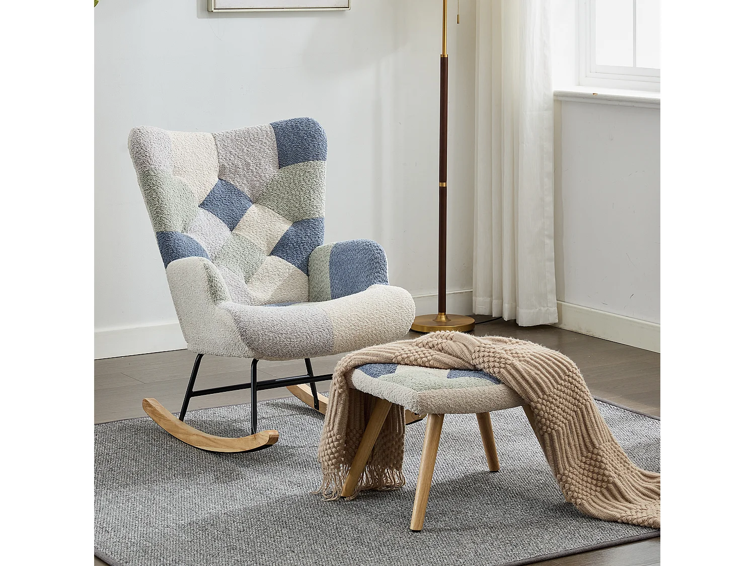Upholstered rocking chair with footrest - Beige and blue