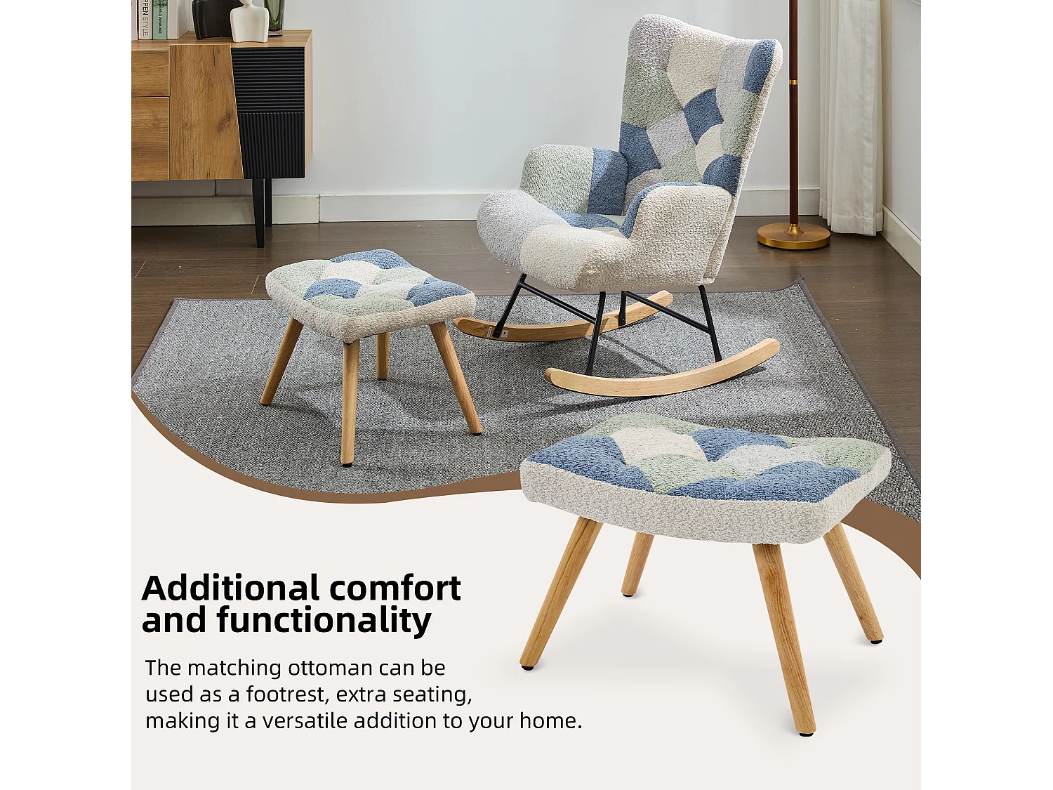 Upholstered rocking chair with footrest - Beige and blue