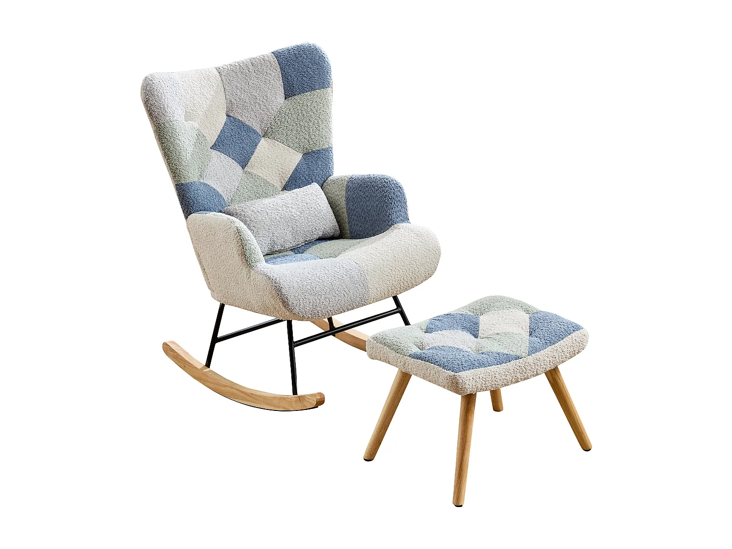 Upholstered rocking chair with footrest - Beige and blue