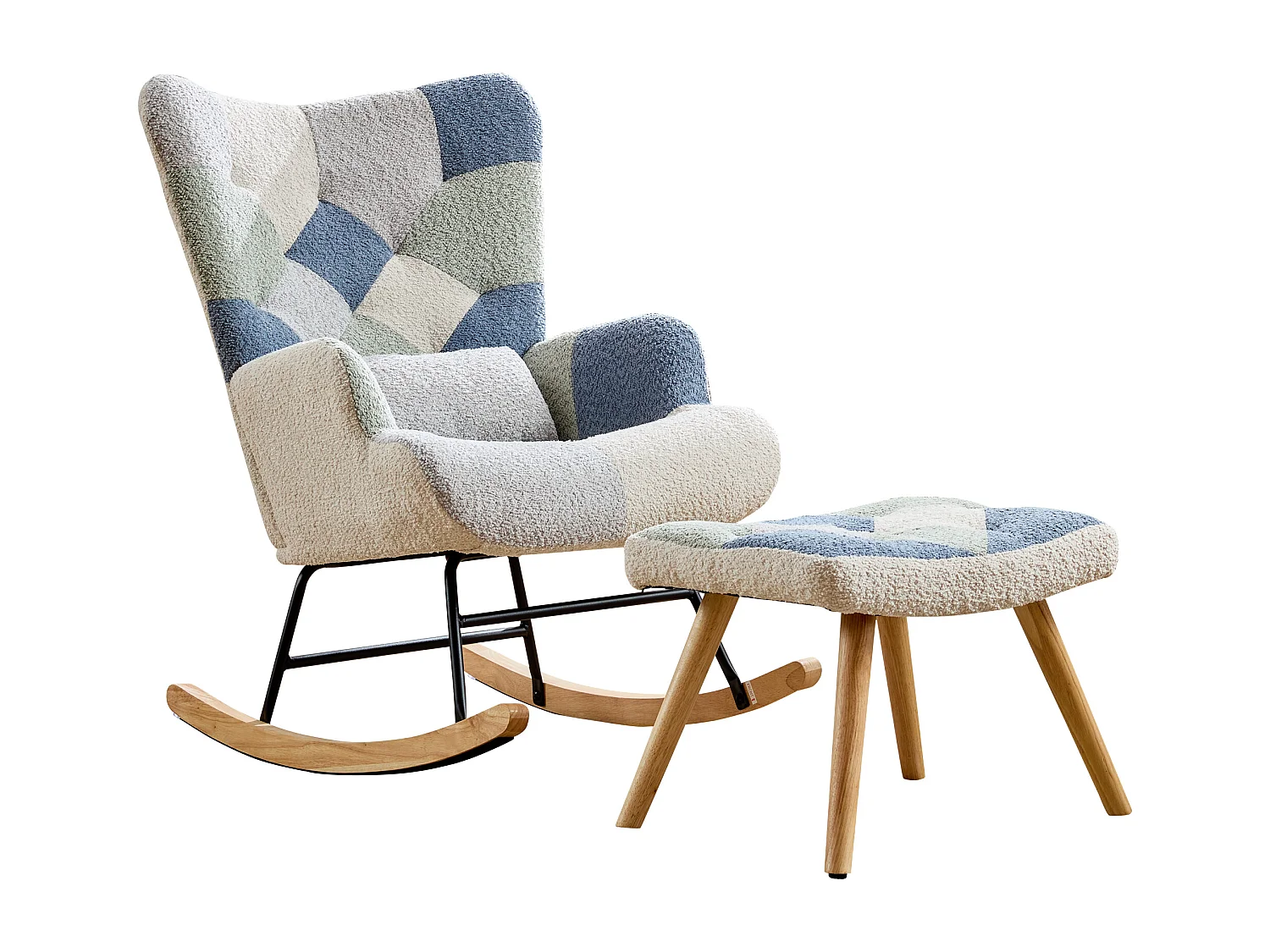 Upholstered rocking chair with footrest - Beige and blue