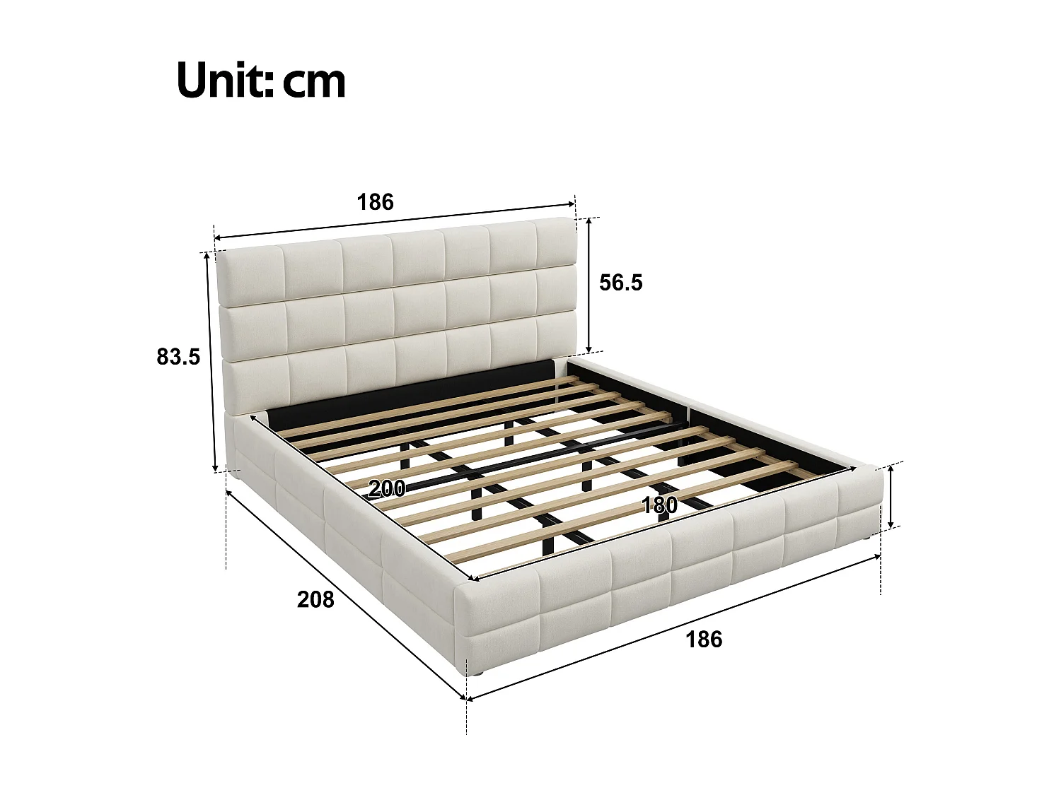 Upholstered Double Bed 180x200 cm - with Button-Tufted Headboard - with Slatted Base - MDF + Velvet - Beige (Mattress not included)