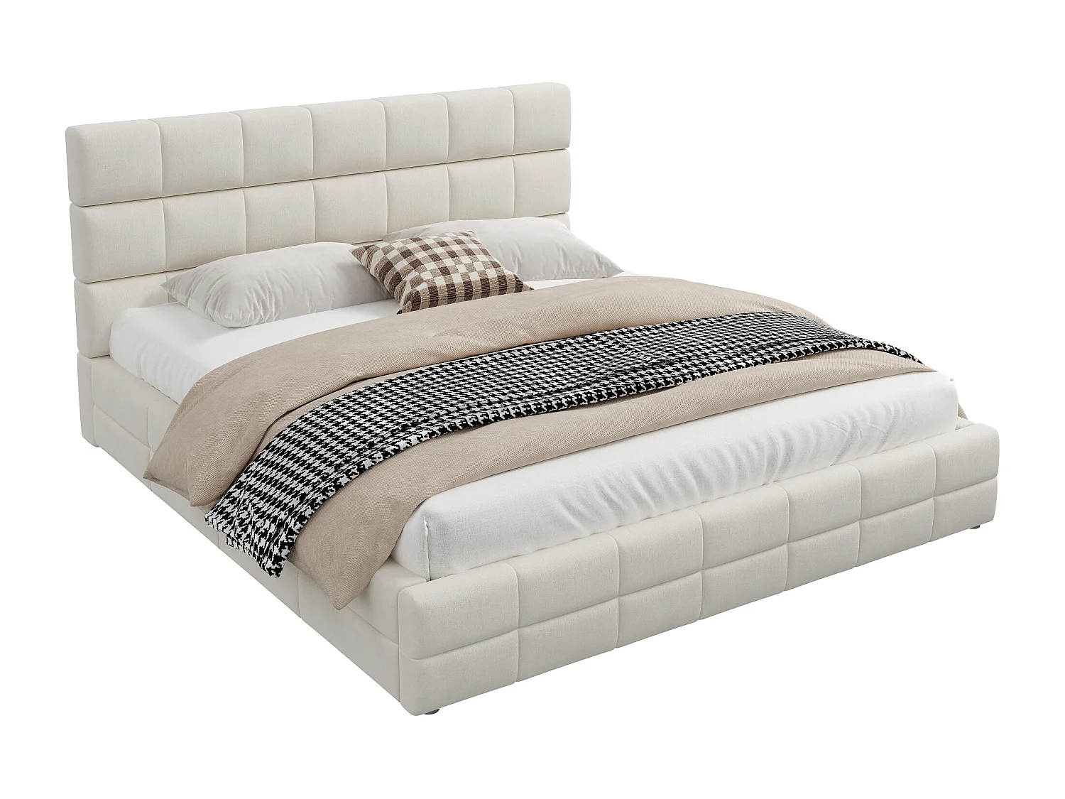 Upholstered Double Bed 180x200 cm - with Button-Tufted Headboard - with Slatted Base - MDF + Velvet - Beige (Mattress not included)