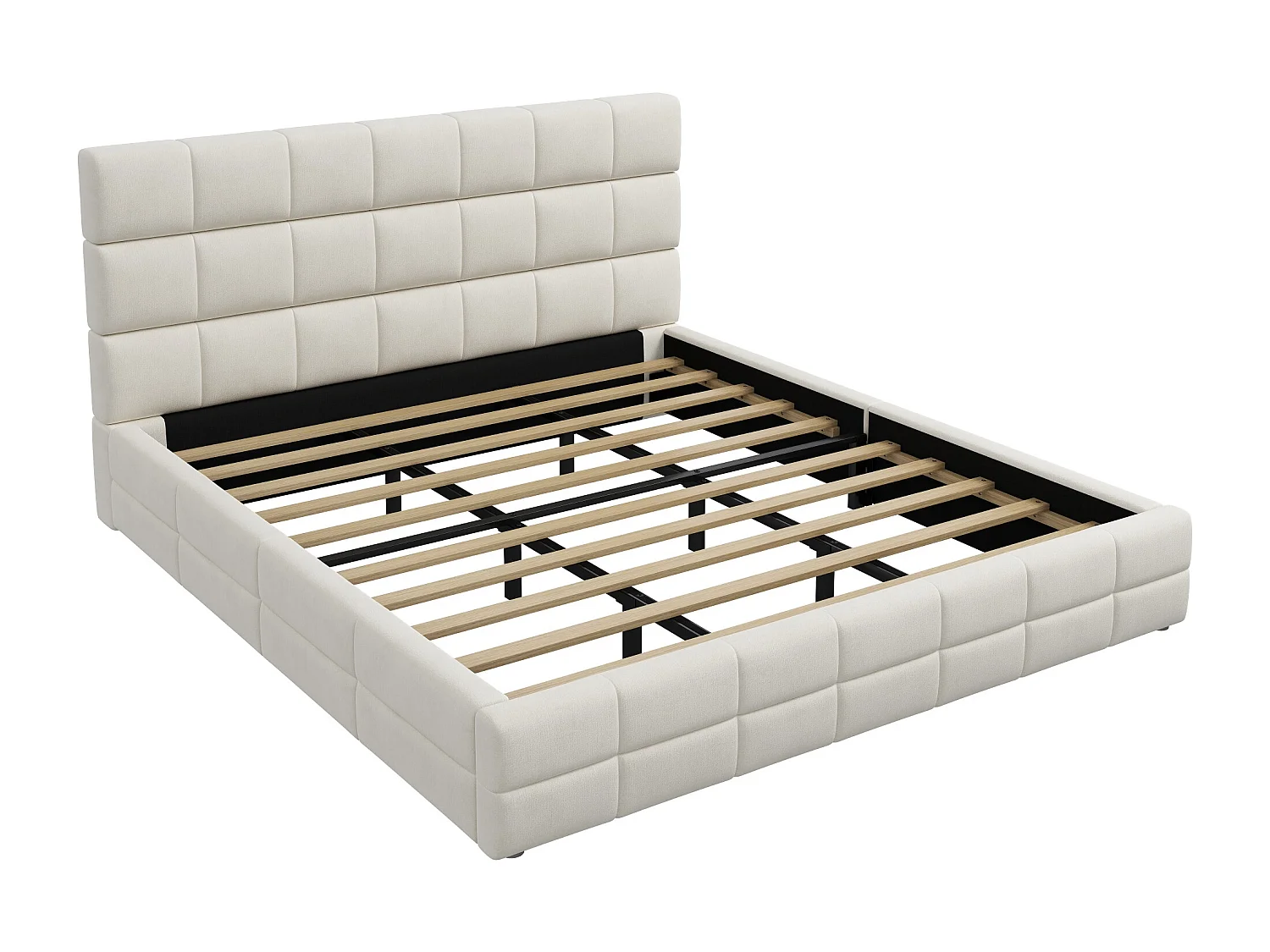 Upholstered Double Bed 180x200 cm - with Button-Tufted Headboard - with Slatted Base - MDF + Velvet - Beige (Mattress not included)