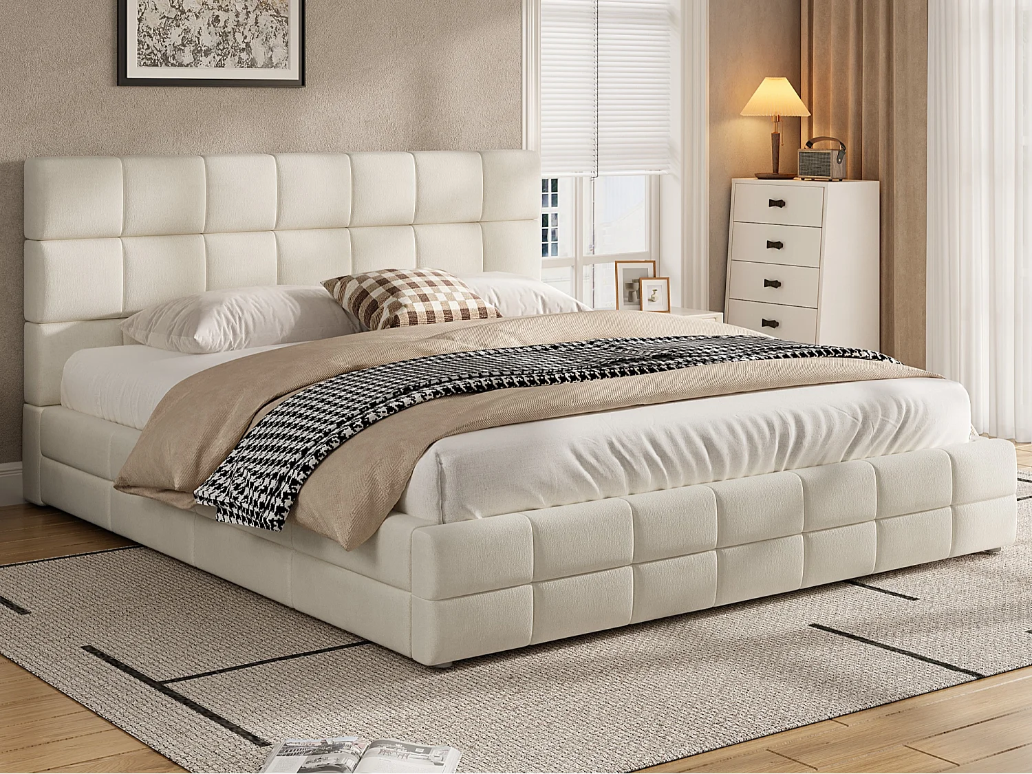 Upholstered Double Bed 180x200 cm - with Button-Tufted Headboard - with Slatted Base - MDF + Velvet - Beige (Mattress not included)