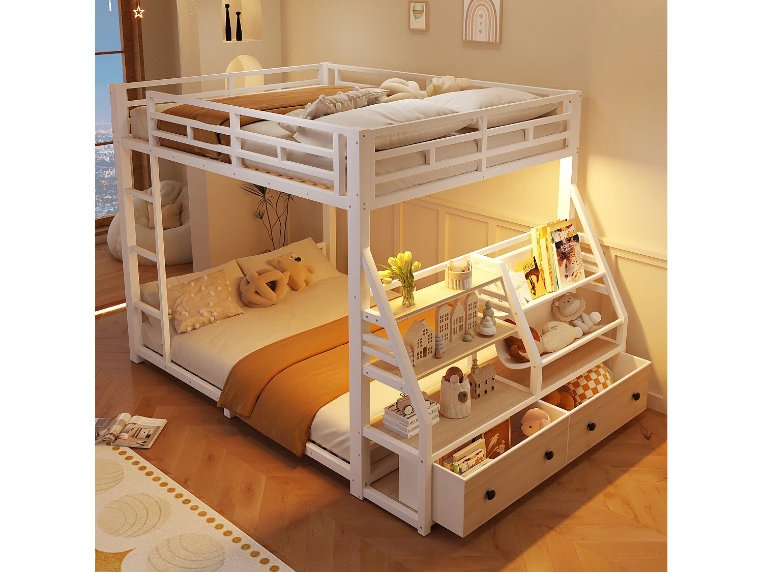 Lit superposé en métal 140x200cm - LED et 2 tiroirs en tissu - Étagères de rangement - Barrière de sécurité - Blanc