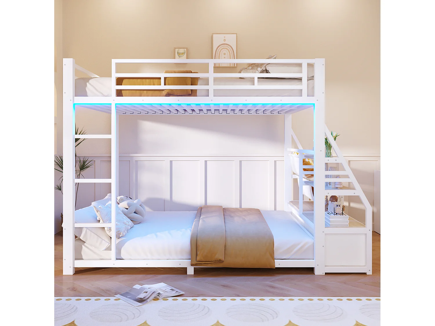 Lit superposé en métal 140x200cm - LED et 2 tiroirs en tissu - Étagères de rangement - Barrière de sécurité - Blanc