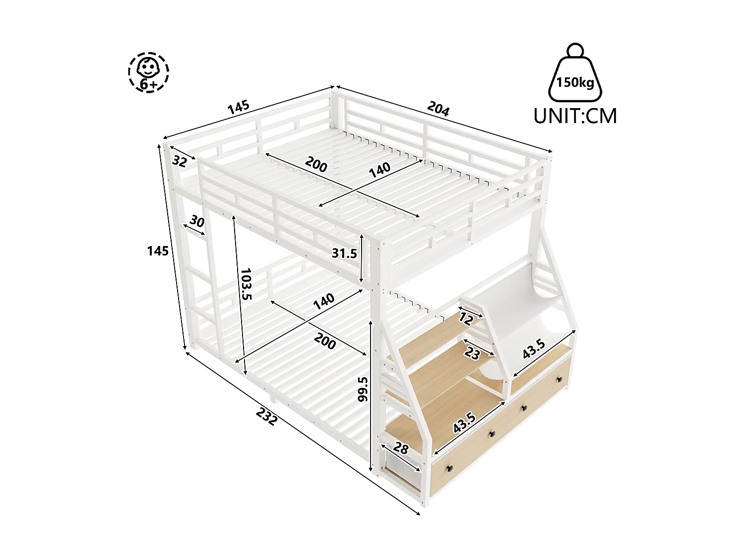 Lit superposé en métal 140x200cm - LED et 2 tiroirs en tissu - Étagères de rangement - Barrière de sécurité - Blanc