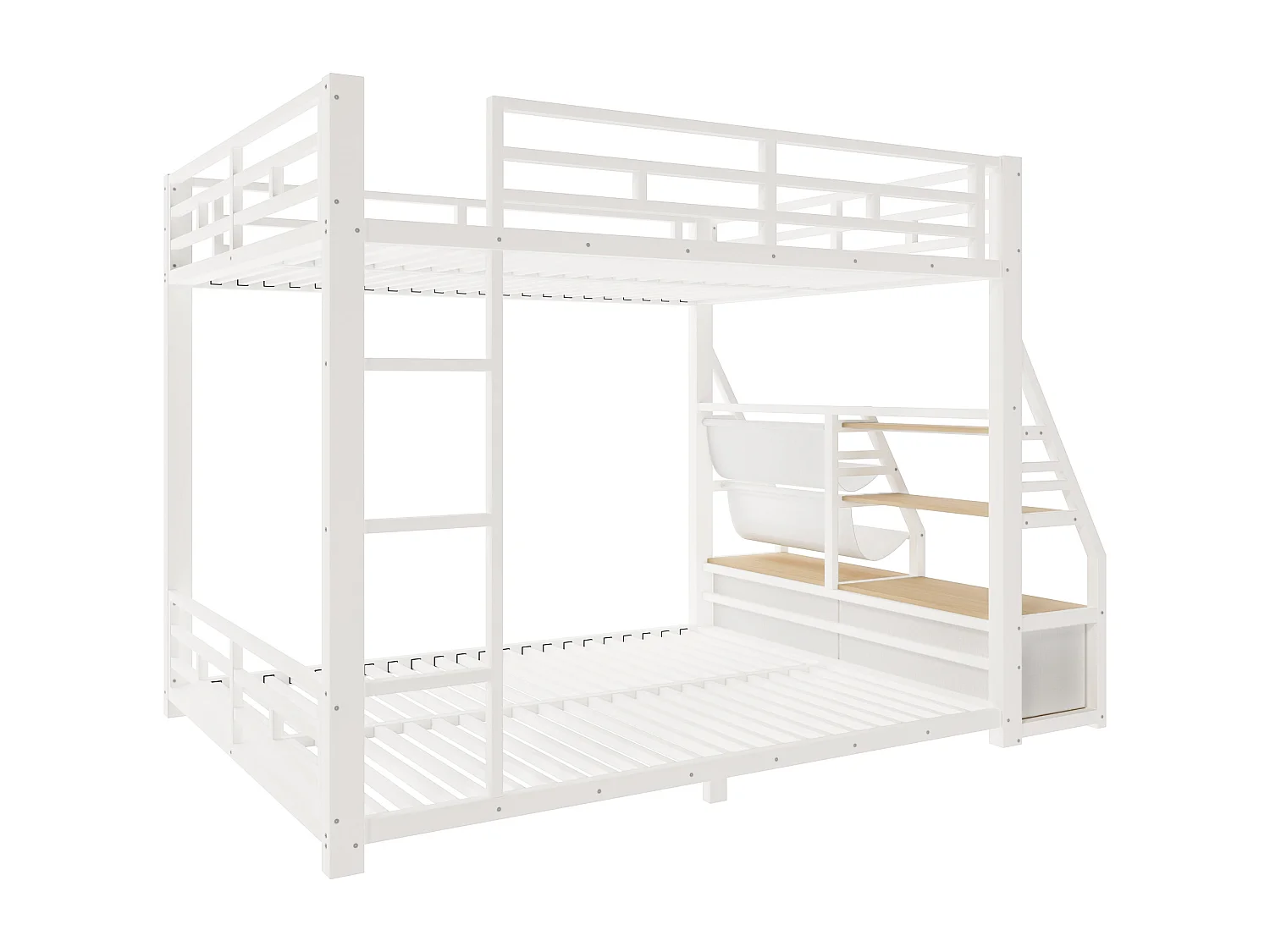 Lit superposé en métal 140x200cm - LED et 2 tiroirs en tissu - Étagères de rangement - Barrière de sécurité - Blanc