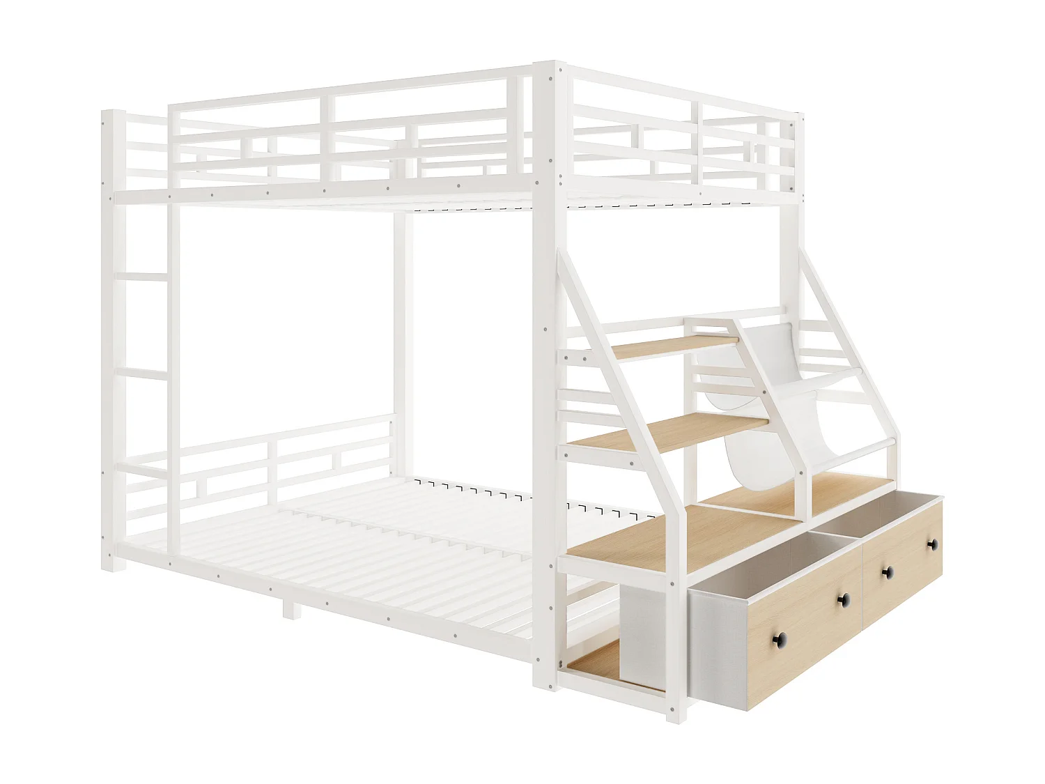Lit superposé en métal 140x200cm - LED et 2 tiroirs en tissu - Étagères de rangement - Barrière de sécurité - Blanc