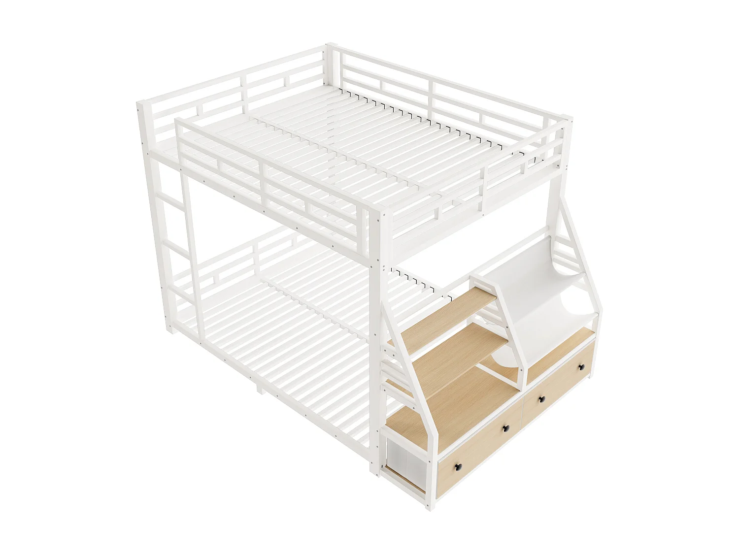Lit superposé en métal 140x200cm - LED et 2 tiroirs en tissu - Étagères de rangement - Barrière de sécurité - Blanc